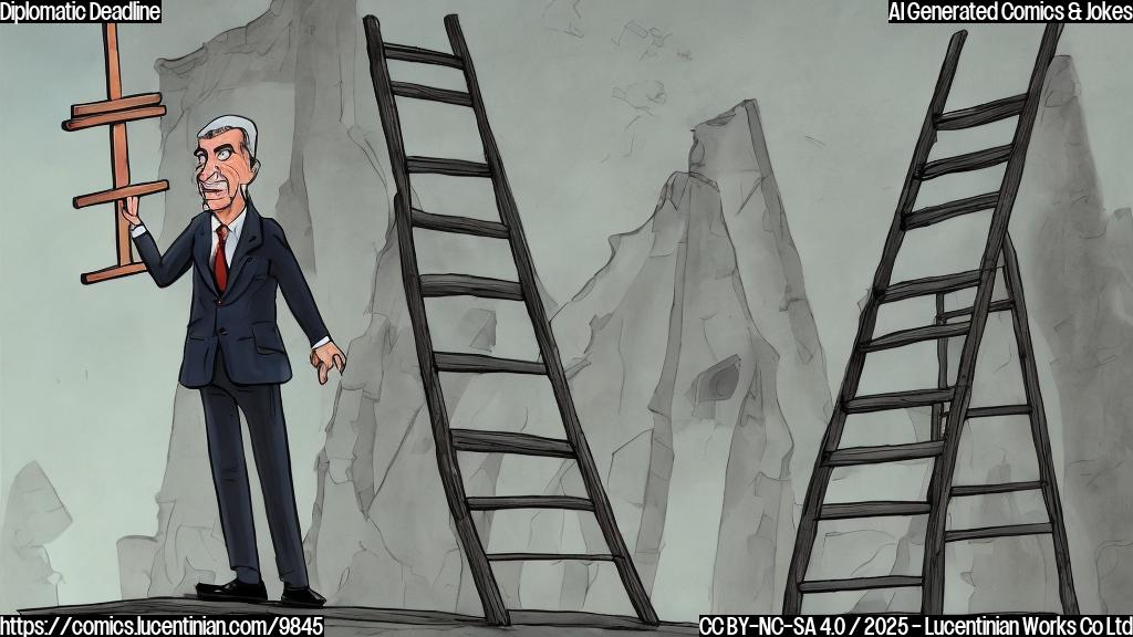A cartoon-style image of a serious-looking man in a suit holding a comically oversized ladder in front of a neutral-colored building. The sky is plain and grey.