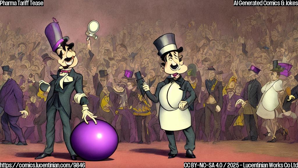 Cartoon style image. A large purple pill wearing a tiny top hat and cane stands on a small stage. A red microphone is in front of it. In the background, blurred faces of an audience are visible.
