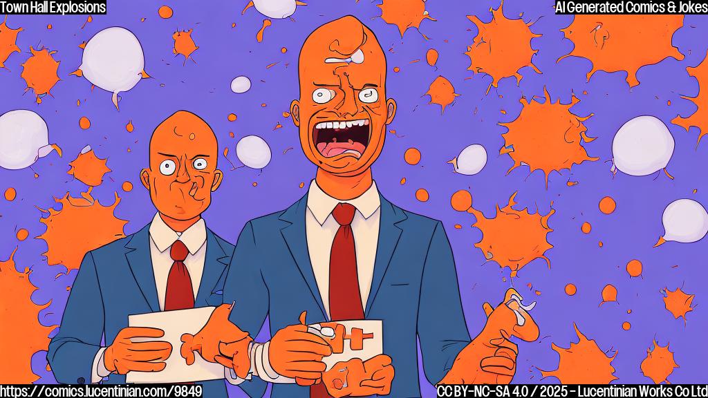 A cartoon-style image with a plain orange background. In the center, a nervous-looking politician with a suit and tie is holding a large, red fire extinguisher. The politician is sweating and has a worried expression on their face. Around the politician are speech bubbles filled with angry red scribbles and exclamation marks, suggesting the "explosive" outrage of the constituents.