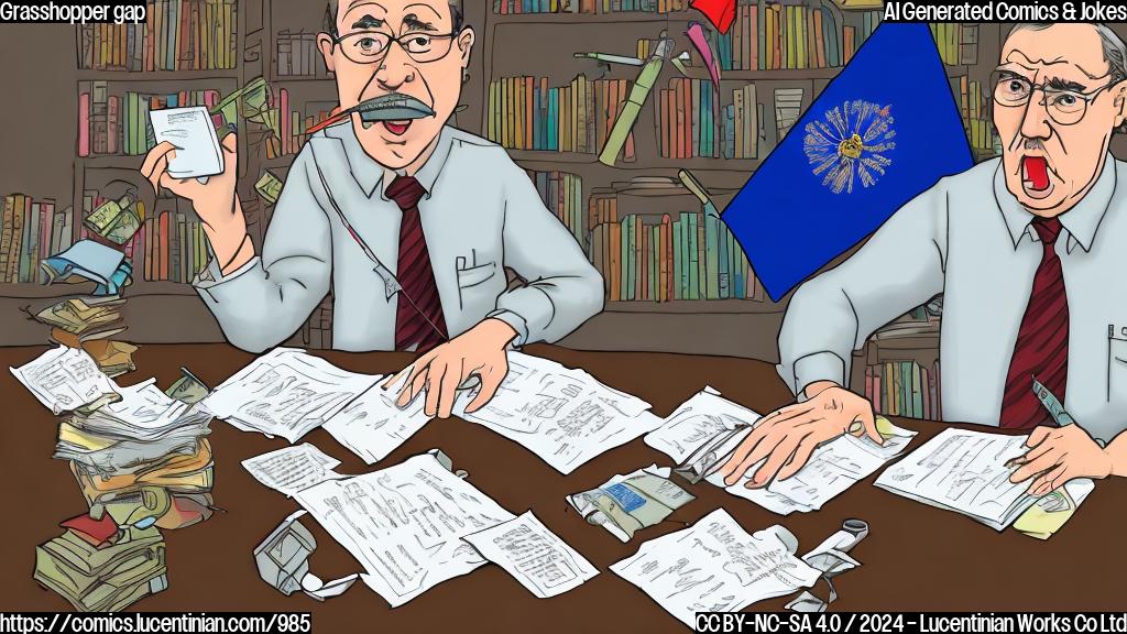 A cartoon of a person sitting at a desk, surrounded by papers and books, with a frustrated expression on their face. The person is wearing a Russian flag tie and has a calculator in hand, with a Grasshopper rocket model on the desk in front of them. The background is a simple gray or beige color.