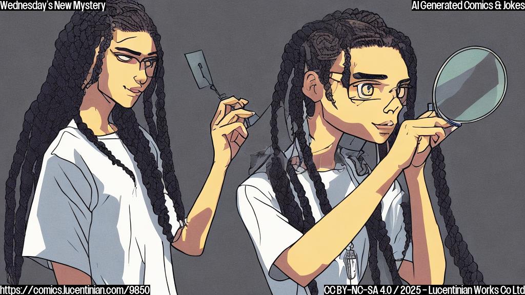 plain color cartoon style picture of a stoic teen detective with long dark braids, wearing a dark dress and looking intensely at a magnifying glass, with a slightly unsettling but determined expression