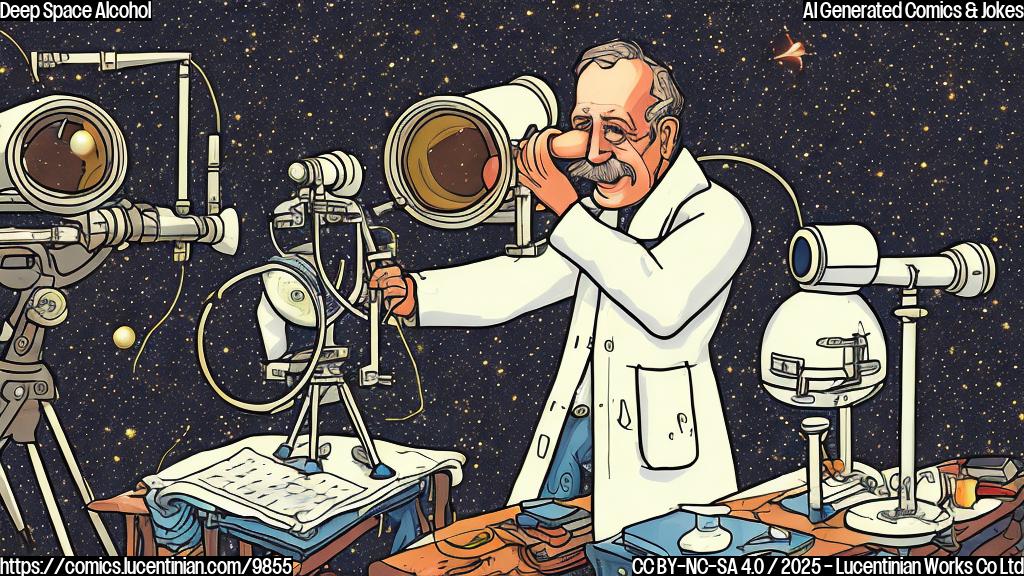 Plain color cartoon style image. An astronomer with a telescope, wearing a lab coat, looks dizzy. Next to him, a glass of clear liquid with bubbles. Starry background.