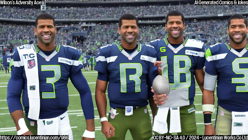 a smiling, anthropomorphic football player (Mike Williams) holding a football aloft in triumph, standing next to a quarterback (Russell Wilson), also smiling, both wearing jerseys with numbers 10 and 88 respectively, on a green football field with grey clouds overhead