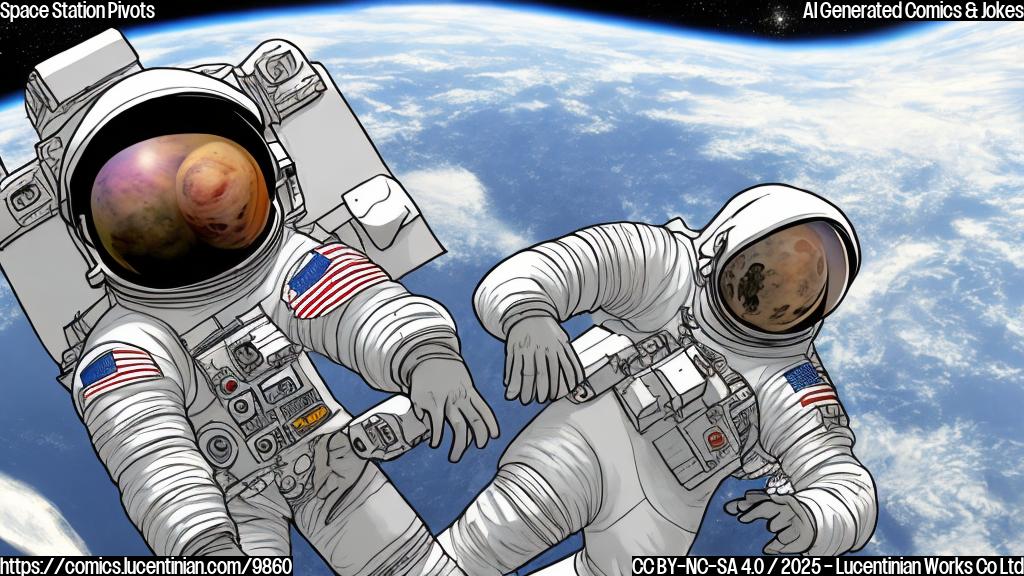 Plain color cartoon style picture of an astronaut in a spacesuit looking confused while trying to rotate a small, simple space station model.