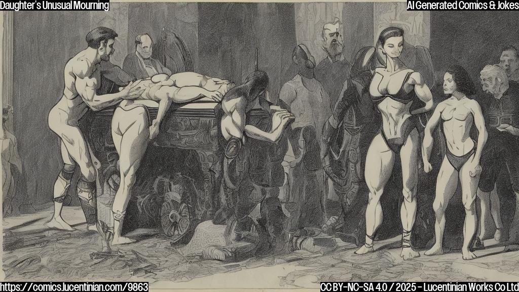 A plain color cartoon style image of a muscular wrestler lying in a casket, but the daughter is standing far away looking sad. She is holding a pair of spandex trousers and looking at them with a nostalgic expression.