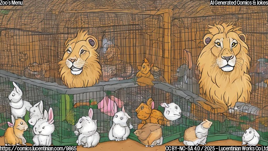 Plain color cartoon style image: A smiling lion looking at a cage full of rabbits, guinea pigs, and chickens. The cage has a sign that says "Pet Donations Welcome!".