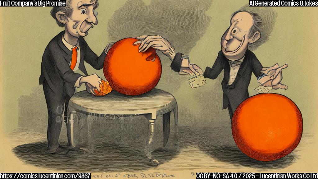 Plain color cartoon style picture. An orange with a bite taken out of it is overflowing with money. A small-handed figure with a toupee is reaching for the money with a greedy expression.