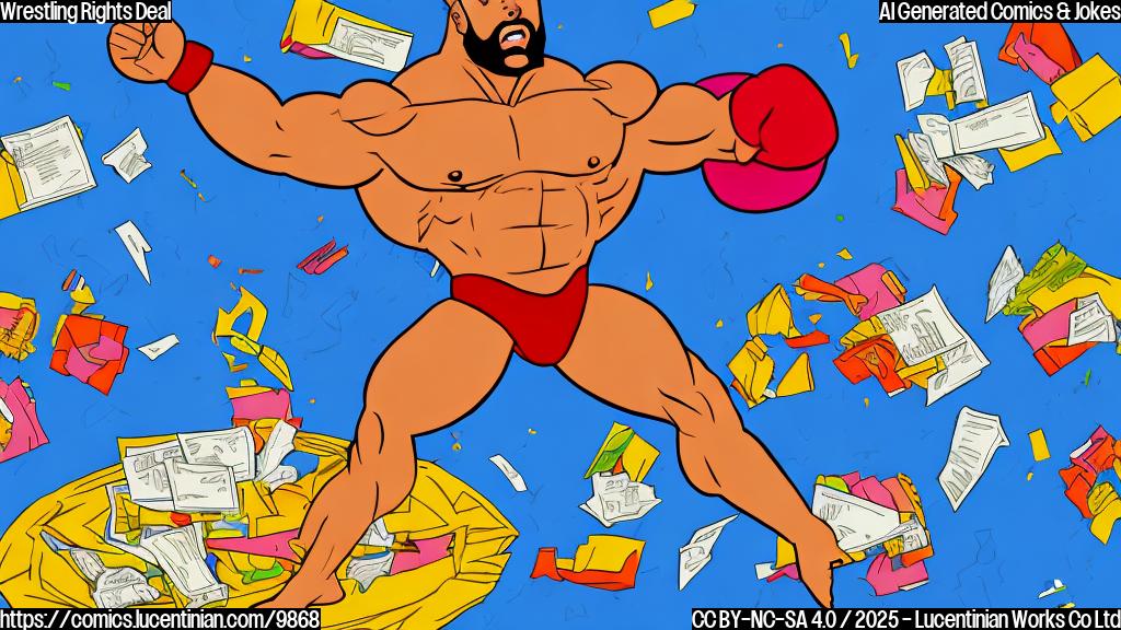 A cartoon image of a muscular wrestler in a colorful outfit standing triumphantly in a wrestling ring, holding a stack of stock certificates. The background is a simple, plain blue. The style is flat and minimalistic.
