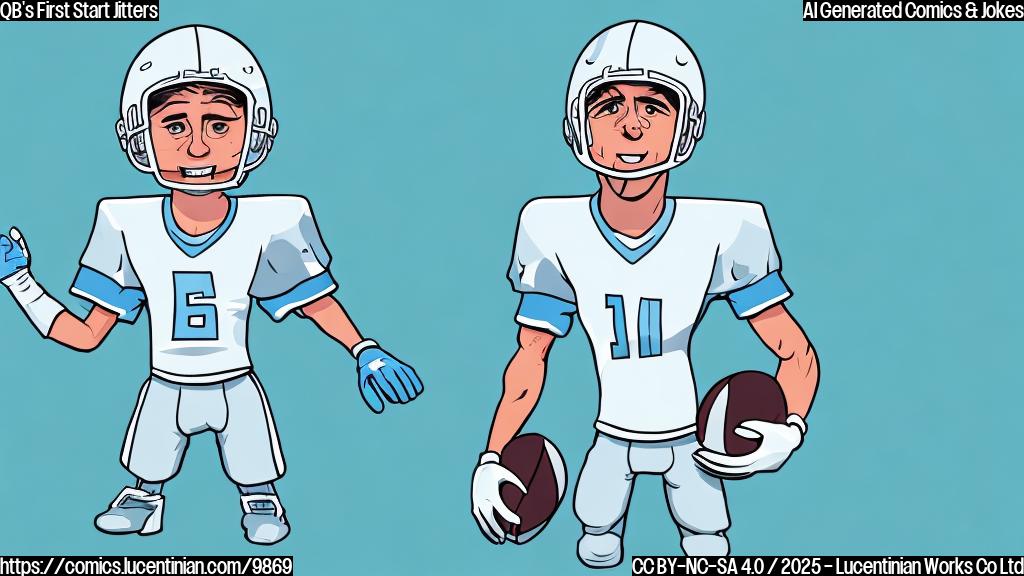 Cartoon style, plain light-blue background, a nervous looking young male character with a football helmet on his head, sweat dripping down his face, standing on a green football field.