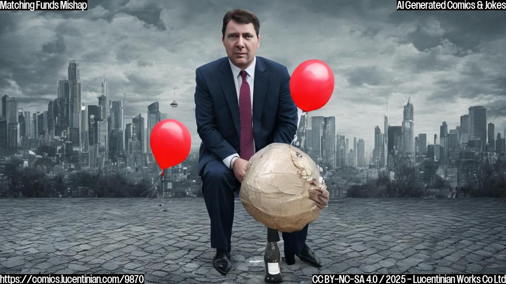A politician sitting on a curb with a deflated balloon, looking disappointed and holding a "Denied" sign in one hand and a broken bottle of champagne in the other. The background is a blurred cityscape with a grey sky and dark clouds.