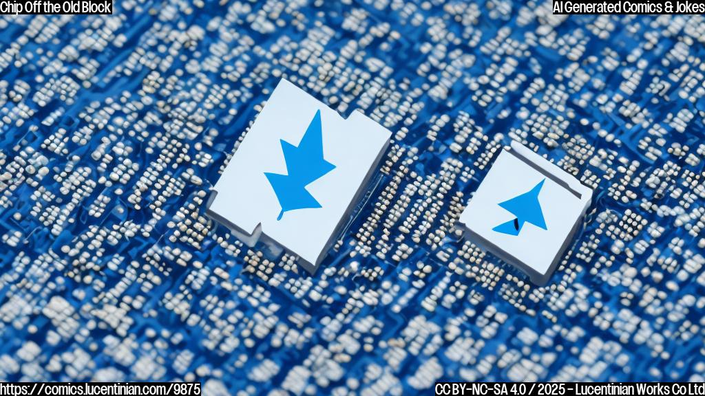 A single, sad looking blue computer chip with a downward pointing arrow next to it, cartoon style, plain background.