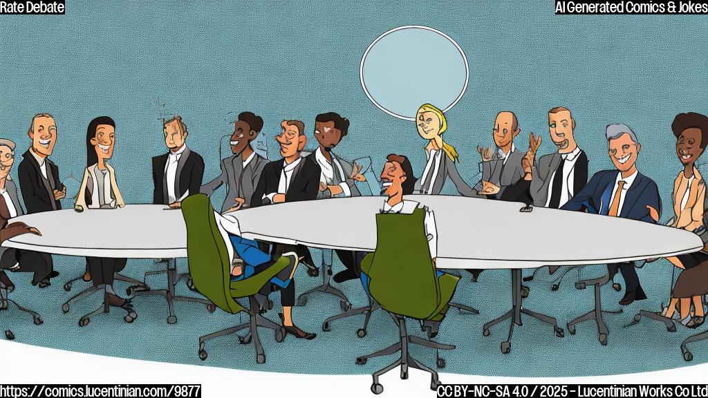 Cartoon image of nine business people sitting around a large oval table. Half of the people are smiling, and half are frowning. The background is a plain light blue.