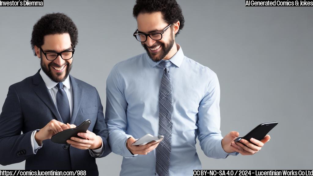 A smiling financial advisor with glasses and a briefcase standing in front of a simple white background, looking at a chart on their phone.