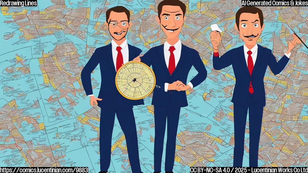 Cartoon of a person in a business suit, holding a giant ruler and standing next to a map of a state divided into many jaggedly drawn districts of varying colors, looking smug.