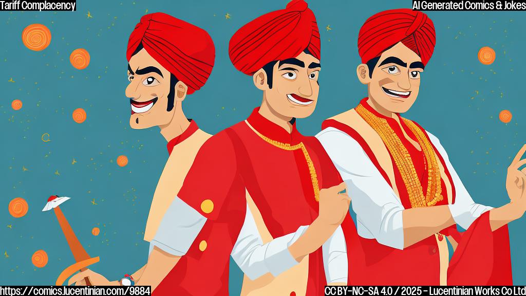 Cartoon illustration of a stern-looking, red-faced man in a business suit pointing aggressively at a calm, smiling man in traditional Indian clothing. The background is a plain blue. The style is simple and flat, like a children's book illustration.
