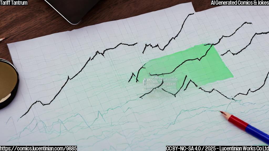 A simple cartoon drawing of a frowning stock market chart with a tear rolling down, colored in pastel green, with a red tag labeled "Tariff" stuck to it. Style is minimalist and child-like.