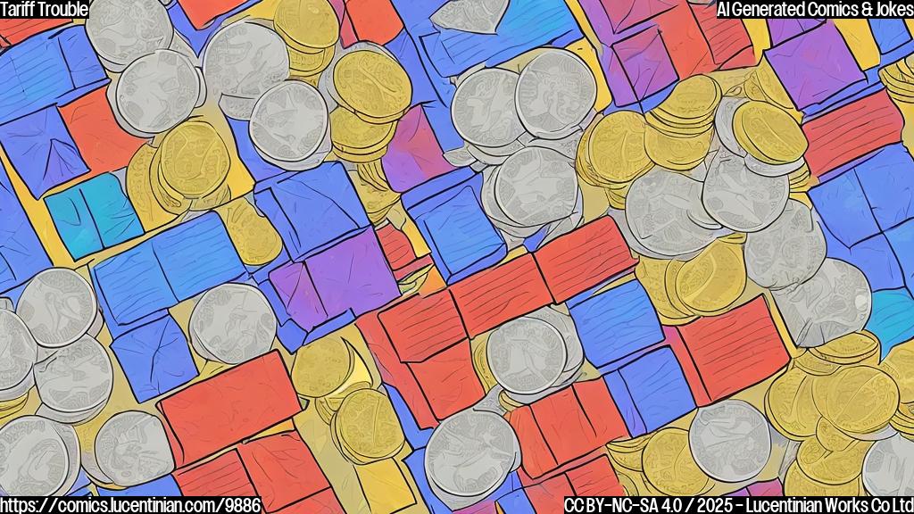 A plain color cartoon style picture of a sad-looking box labeled "Imports" with a visible headache. There are coins raining on the box.