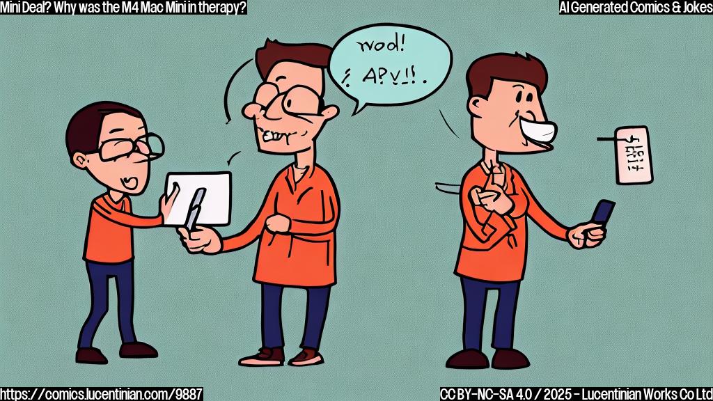 Illustrate a plain cartoon style picture of a smiling, anthropomorphic 24GB M4 Mac Mini with a therapist in the background. The therapist should be holding a small notebook and pen, looking concerned.