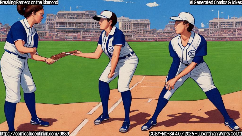 A flat, cartoon-style image. A baseball field with a bright blue sky. An umpire, depicted as a woman with short brown hair and wearing a standard umpire uniform (dark blue suit, chest protector, mask in hand), is standing behind home plate. She's holding a small step ladder. A baseball player is looking confused. The style is simple and uses bold, flat colors with no gradients or shading.