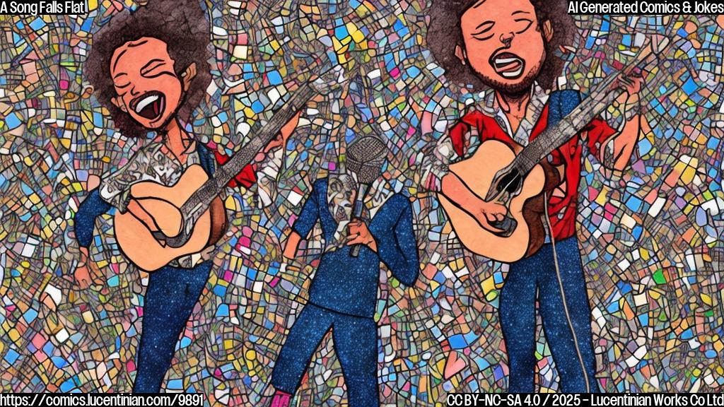 A cartoon style picture of a singer holding a microphone, with a large emotional expression and tears in their eyes, standing on top of a musical staff or sheet music, surrounded by broken guitar strings and heart-shaped cracks in the ground. The singer is wearing a sparkly outfit and has a determined look on their face.