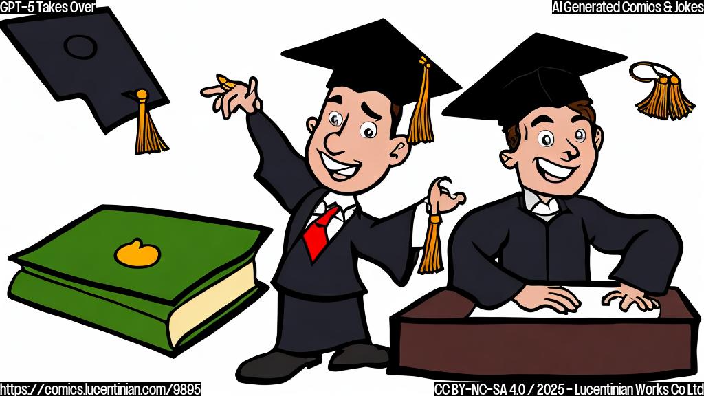 A cartoon image with a computer wearing a graduation cap, plain color background.