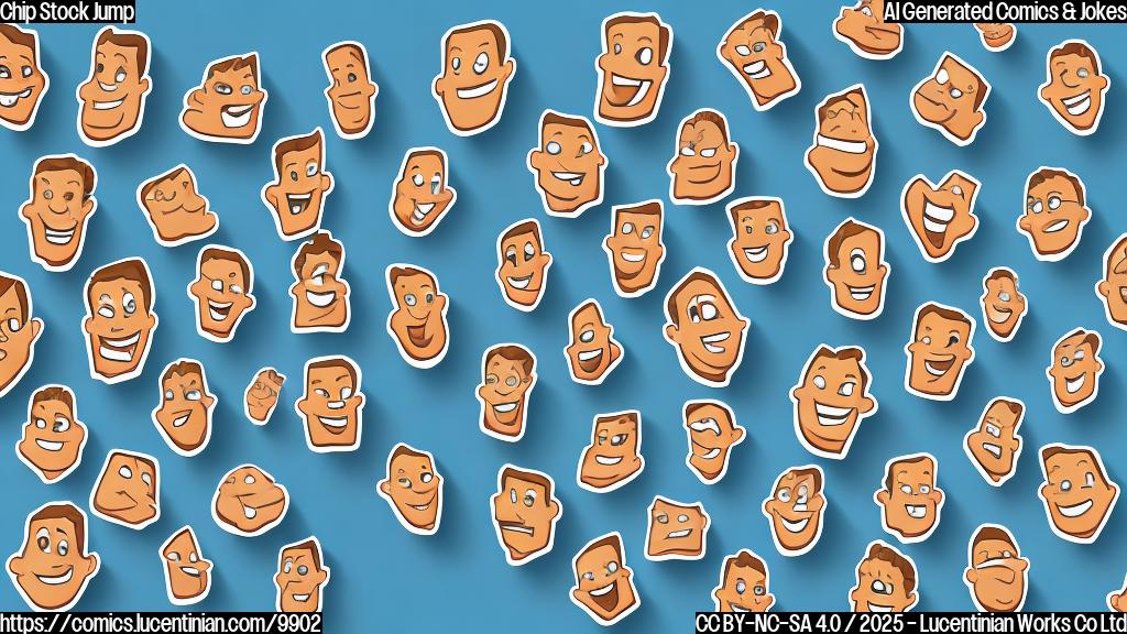 A cartoon-style image of a group of generic chip stock icons with smiling faces, jumping up and down against a plain light blue background.