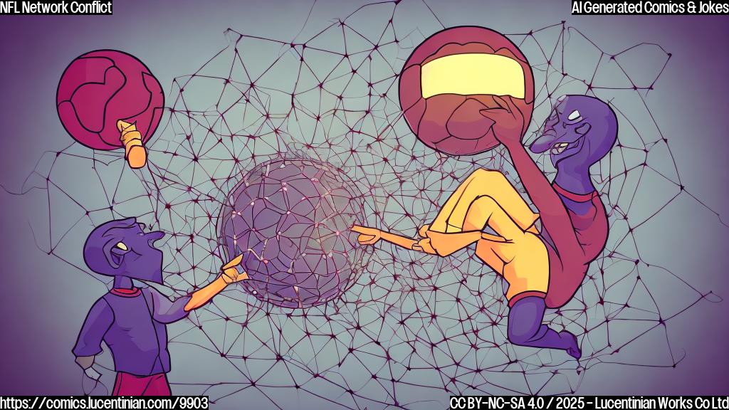 A plain color cartoon illustration of a network logo, shaped like a stylized television screen, gently biting the hand of a large, football-shaped character. The background is a single, light color.