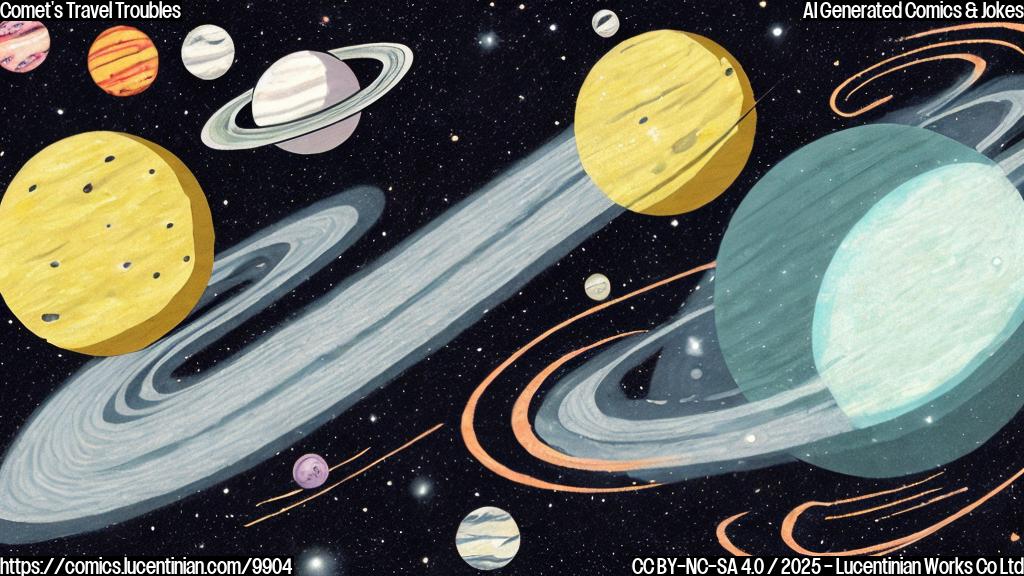 A cartoon image showing a tired-looking comet with a long, stretched-out tail floating in the dark space, with small planets around. The comet has droopy eyes and a weary expression. The style is simple and colorful.
