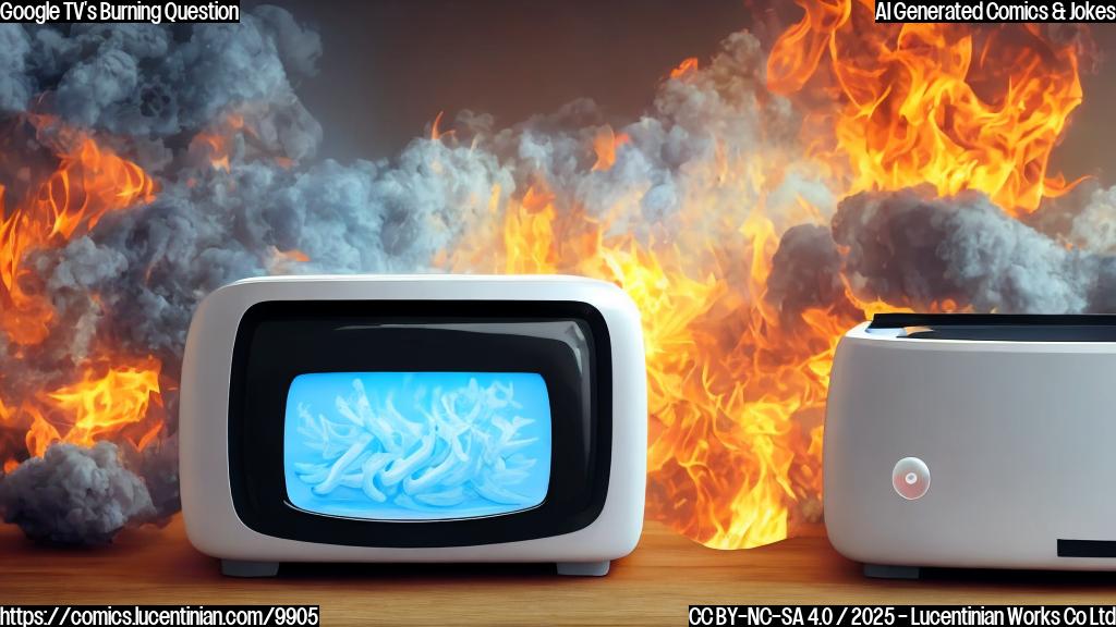 Cartoon image of a large television screen with the Google TV interface displayed. The TV is emitting smoke and has a worried expression. In the background, a shiny, new toaster oven with a happy face is present. The background is a plain light blue.