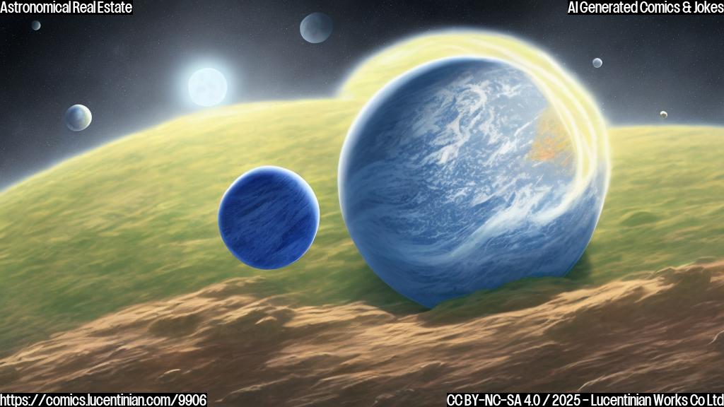 Cartoon-style image of a smiling, anthropomorphic Earth with a tiny "For Sale" sign stuck in its surface, pointing towards a large, blue, gas giant planet in the background. The gas giant has a habitable-looking moon orbiting it.
