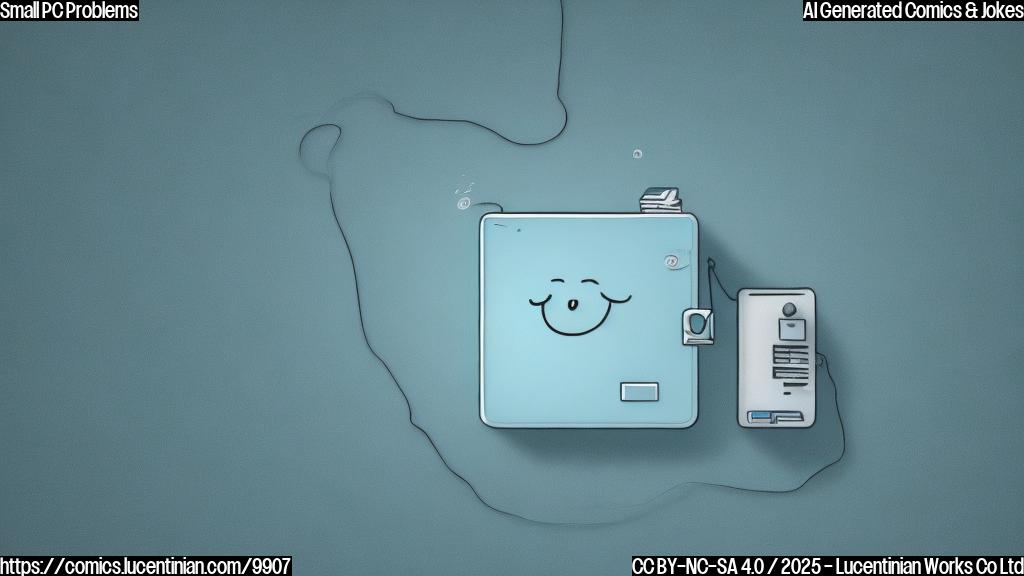 a light cyan background cartoon of a very small computer with a sad face looking down at a regular size desktop computer.
