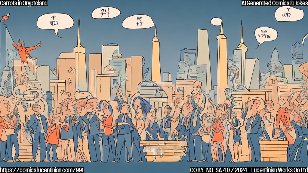 Draw a cartoon-style picture of a man holding a carrot and standing confidently in front of a whiteboard filled with dollar signs, surrounded by other investors looking hopeful and optimistic, with a cityscape of New York or Washington D.C. in the background.