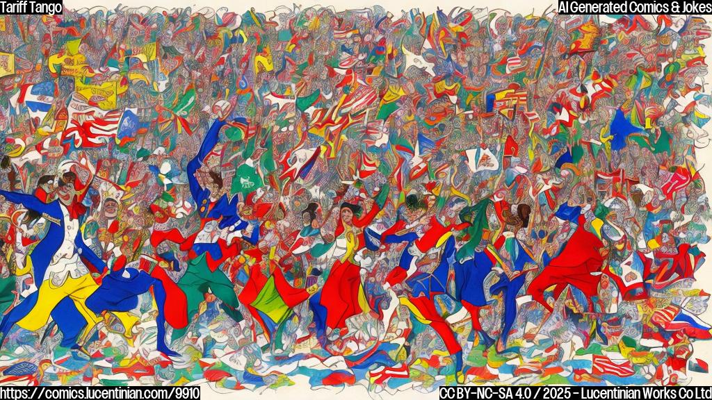 Cartoon style drawing of two abstract countries represented as dancing partners. One country (USA) is depicted changing a music sheet with tariff percentages while the other country (India) looks confused and stops dancing. The background is a ballroom with other countries looking on. The colors are plain and bright.