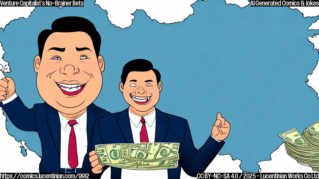 Cartoon image of a smiling, slightly overweight man in a business suit, holding a stack of money with one hand and pointing towards a cartoon drawing of a generic map of China with the other. The background is a plain light blue. The style is simple and cartoonish.