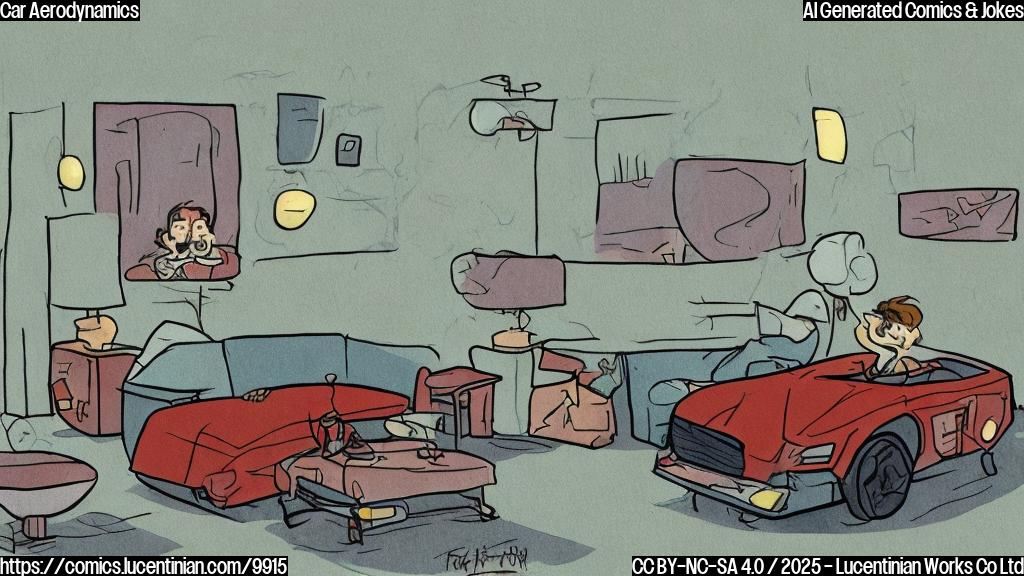A plain color cartoon style picture of a race car sitting on a therapist's couch, looking sad. The therapist is a toolbox with a kind face.