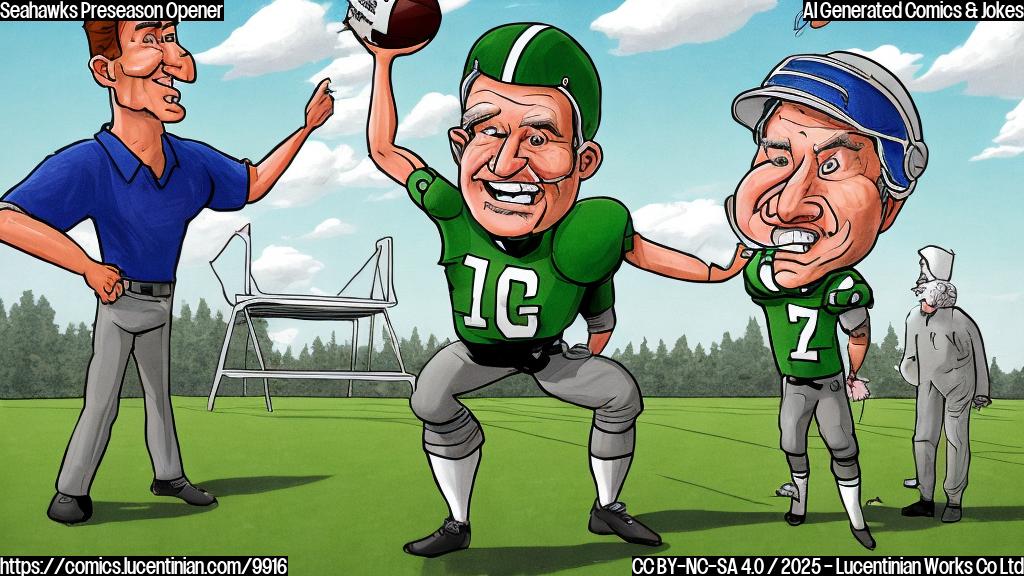 A cartoon style image of a green football field with a tall, thin football rookie wearing a helmet and carrying a comically large ladder. The coach, a short, stout older man with gray hair, is pointing upwards with a determined expression. The background is a plain blue sky.