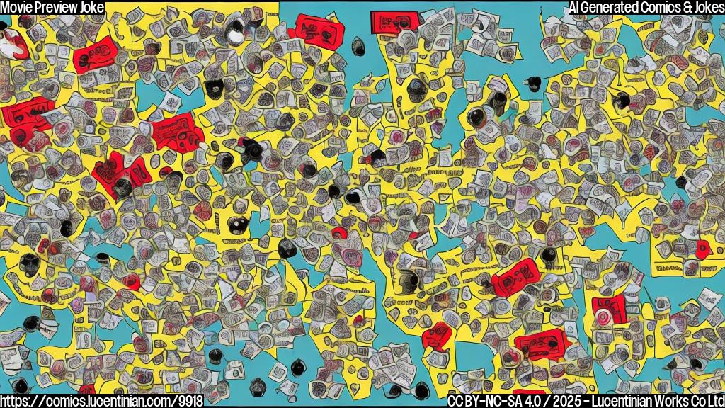 Draw a cartoon-style map with a skull and crossbones marking a specific location, surrounded by movie tickets. The map is a plain light yellow color, and the tickets are in different shades of red.