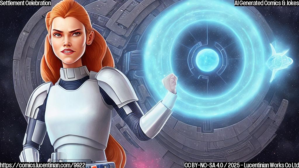 A cartoon image of a female galactic warrior with a determined expression, holding a large bag of galactic credits. She is standing in front of a stylized, simplified version of a famous film studio logo. The background is a plain pastel color. The overall style is simple and cartoonish.