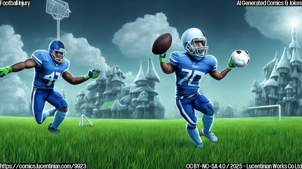 A cartoon-style image of a green field with a football player wearing a blue uniform. He is holding a comically large ladder. In the background, there are large menacing grey shapes representing the "house" coming towards him. The art style is very flat and simplistic with no shading. The background is a solid light blue color.