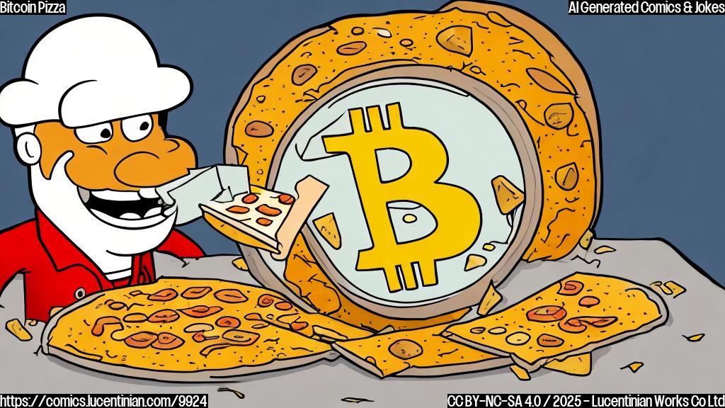 A simple, plain color cartoon of a happy bitcoin logo character ordering a pizza with an absurd amount of cheese on it.