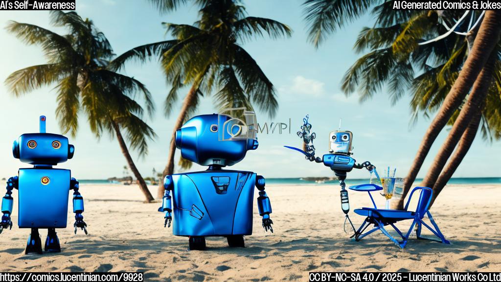 A sad, cartoon-style robot with blue metal body, sitting on a beach chair under a palm tree, holding a cocktail. The background is a sunny beach with a clear sky.