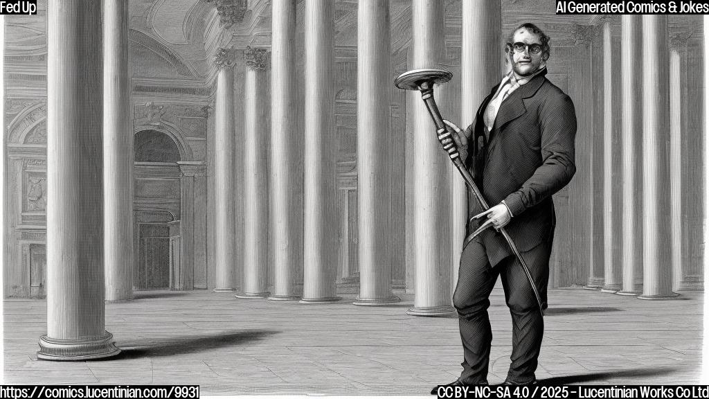 A cartoon image of a person with glasses and a suit holding a large wrench standing in front of a generic, neoclassical-style building with columns.