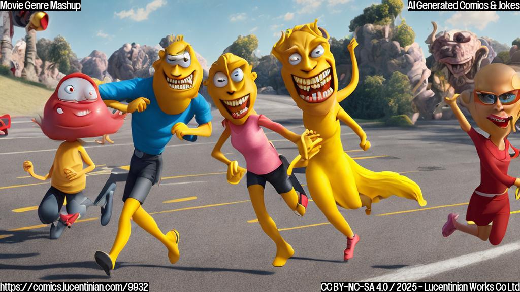 A cartoon-style image with a red, scary-looking movie character racing alongside a yellow, smiling, funny-looking movie character. Both are running on a film strip road.