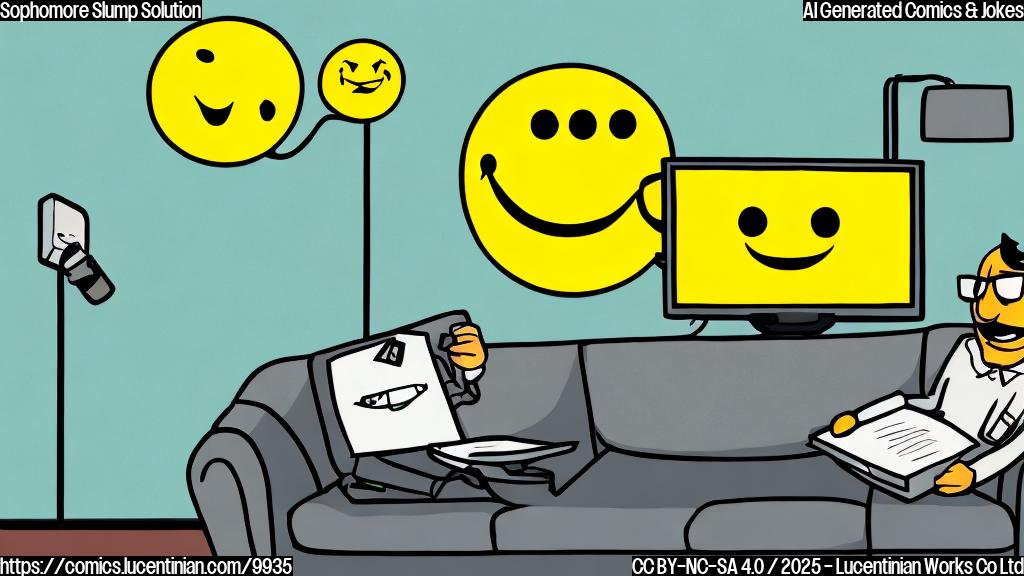 Cartoon illustration of a yellow smiley face TV screen sitting on a psychiatrist's couch. The psychiatrist, a light blue blob with glasses, is holding a notepad and pen. The background is a plain light green.