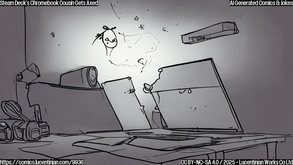 Draw a simple, plain color cartoon image. A laptop with a sad face is lying on a desk. Above the laptop hovers a game controller with an angry face. A tear drop from the laptop is falling on the desk.