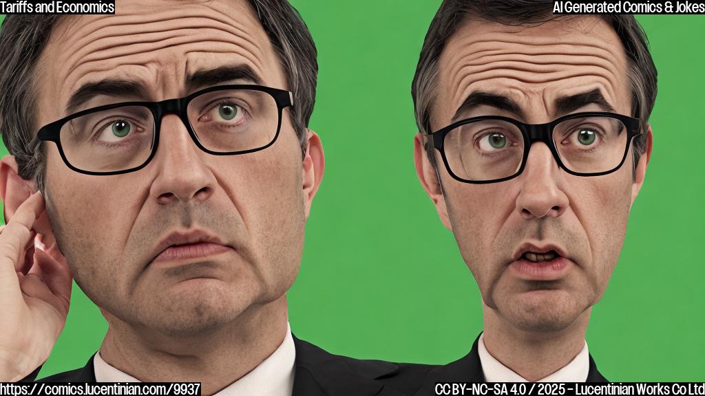 Cartoon style, plain light green background, an economist with glasses and a worried expression, looking away from a large, red and imposing tariff with an angry face.