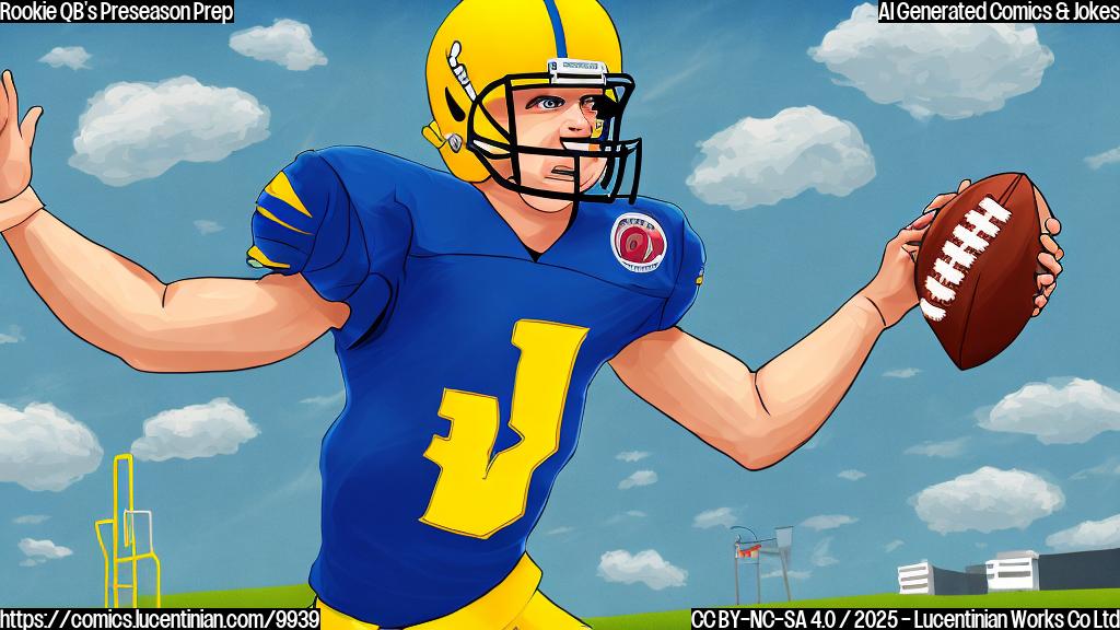 Cartoon style image of a rookie football quarterback holding a large ladder on a football field. The sky is bright blue and the overall style is simple and cheerful.