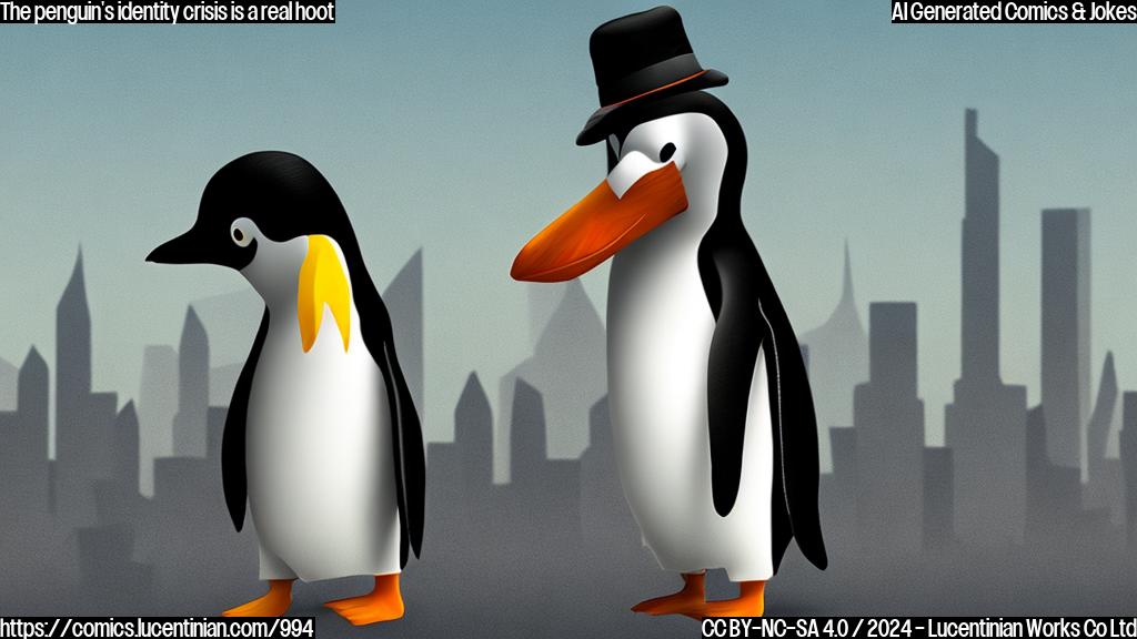 A malnourished, far-from-home penguin with a comical expression, wearing a miniature therapist's hat, standing in front of a city skyline at dusk.