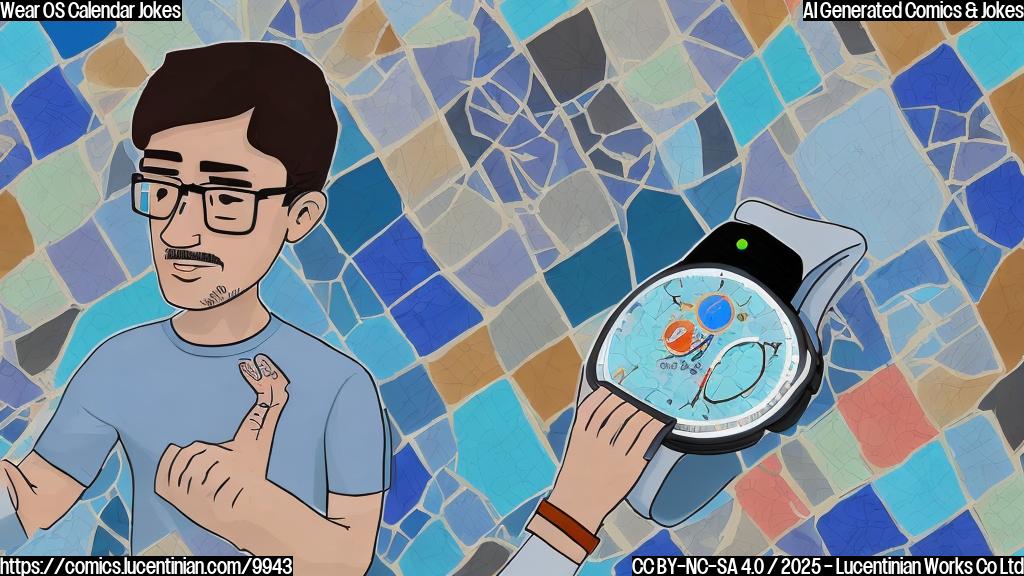 A simple, flat, cartoon-style image of a disappointed-looking programmer sitting next to a Wear OS smartwatch displaying many tiles on the screen instead of a calendar event. The programmer has short brown hair and wears glasses and a blue t-shirt. The smartwatch has a gray frame and a brightly lit screen filled with colorful square tiles. The background is a plain light blue.