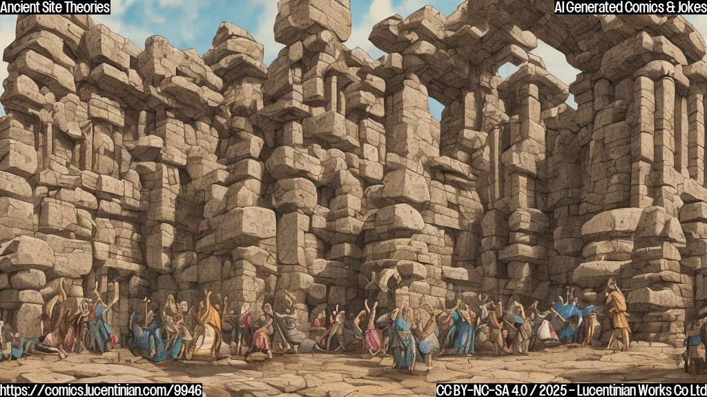 Plain color cartoon style image of a large, ancient stone structure with abstract carvings. In front of it, a group of people are pointing and gesturing wildly, looking confused and excited. The background is a simple, flat, slightly desaturated color, like beige or light brown.
